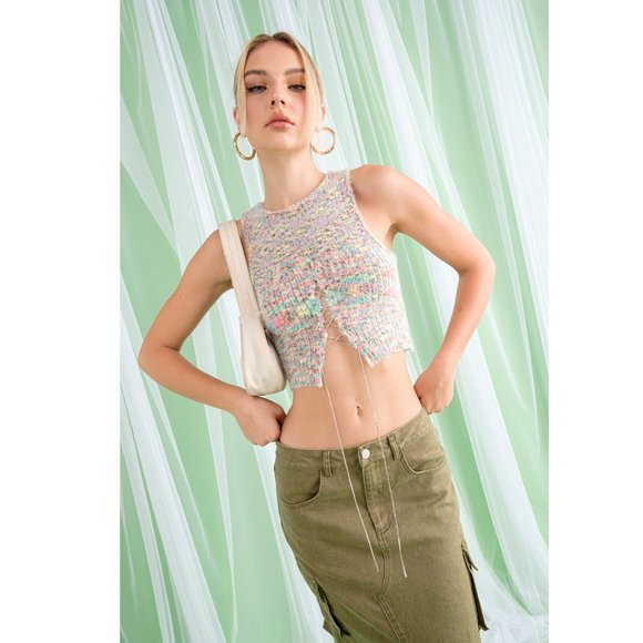 Cropped Sweater Half Open Jeweled Front Lace Sleeveless Sexy Knit Top - Picture 2 of 10